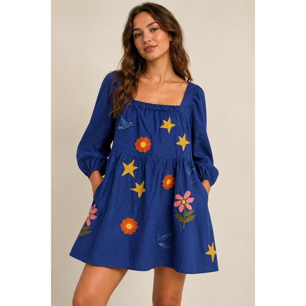 Corey Lynn Calter Belladonna Blue Organic Cotton Embroidered Dress M NWT Pockets